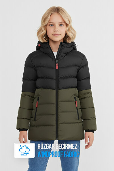 QAWWA Kız Çocuk Haki Siyah Su ve Rüzgar Geçirmez İçi Kürklü Kuş Elyaf Dolumlu...