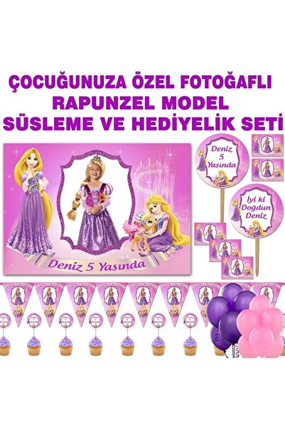 Sunligo Rapunzel Fotoğraflı Doğum Günü Seti Afiş, Magnet, Flama, Konuşma Balo...