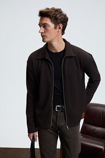 GRIMELANGE Crimson Men's Waffle Special Texture Zippered Ornamental Label Bitter Brown Jacket