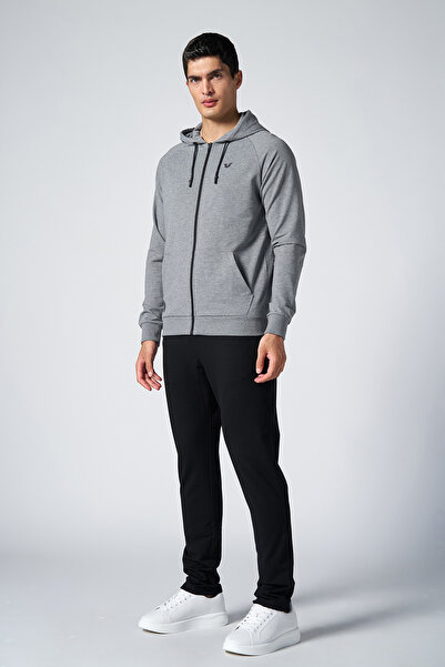 bilcee Men's Gray Hooded Kangaroo Pocket Zippered Sports Top and Bottom Tracksuit Set 8241