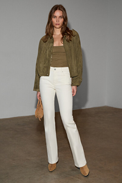 GRIMELANGE Serrur Women's Stretchy Fabric Slim Fit Khaki Blouse with Ballerina Collar