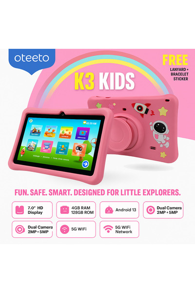 OTEETO K3 Kids Tablet 7" HD, 4GB RAM, 128GB, Android 13, Dual Camera, 5G WiFi (Blue)