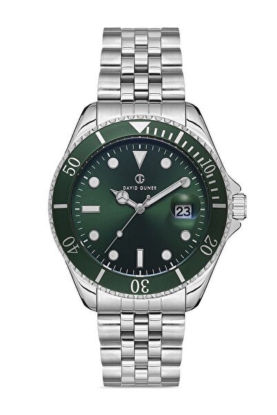 DAVID GUNER Gümüş Renk Kaplamalı Yeşil Kadranlı Takvimli Erkek Kol Saati - Dg-8230ga-a10