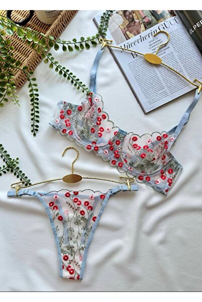 ROZENİN LINGERIE Романтичний комплект з бюстгальтером без чашок і трусиками-танго з блакитними квітами