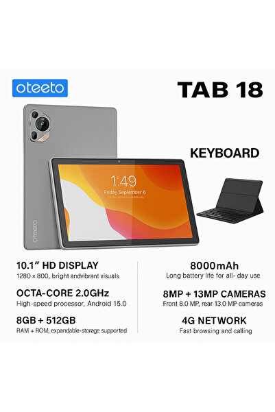 OTEETO TAB 18 (Grey) - 10.1-inch HD | 8GB RAM + 512GB ROM | Android 15