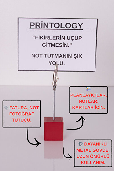 Printology Metal Not Tutucu Metal Kıskançlı Notluk Kırmızı Masaüstü Not Tutacağı
