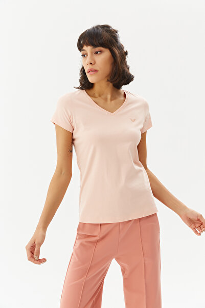 bilcee Γυναικείο μπλουζάκι σε ροζ πούδρα με λαιμόκοψη σε σχήμα V και κοντό μανίκι 100% βαμβάκι 8087