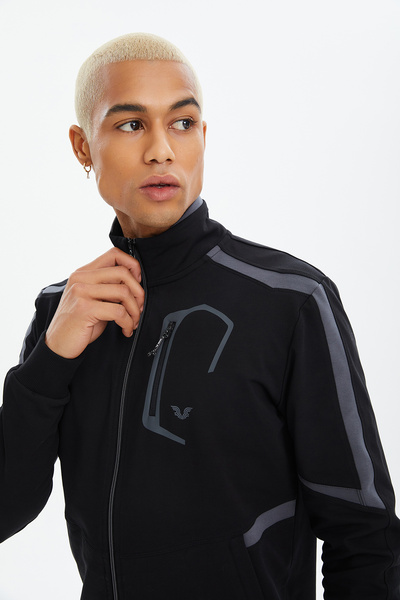 bilcee Ανδρικό σετ αθλητικής φόρμας με μαύρο χρώμα με ψηλός λαιμός τσέπες με λεπτομέρειες 0670