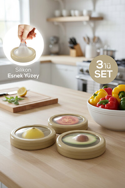 Vienev Beige Set of 3 Refrigerator - Half Fruit and Vegetable Preservation Container, Lemon, Onion, Tomato Storage Box