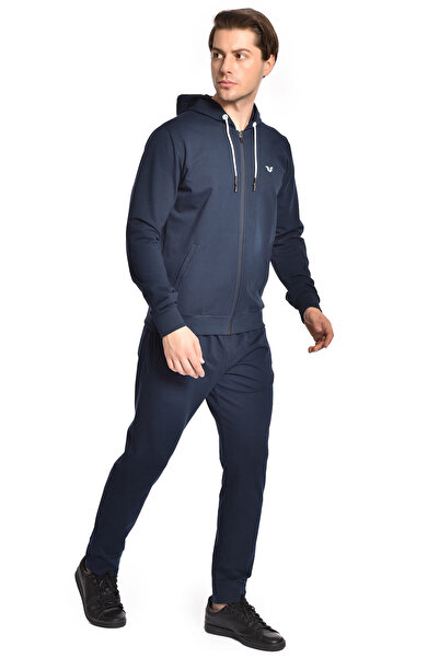 bilcee Men's Navy Blue Hooded Pocket Zippered Sports Bottom Top Tracksuit Set 8769