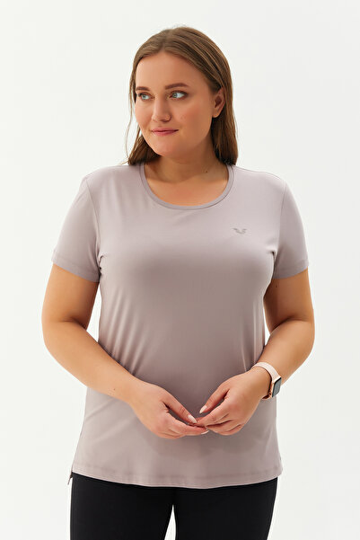 bilcee Γυναικείο μπλουζάκι με κοντό μανίκι με λαιμόκοψη μπεζ μεγάλου μεγέθους 0100