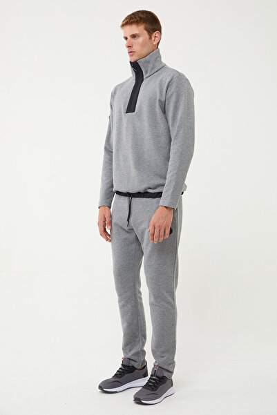 bilcee Men's Dark Gray Melange Half Zipper Stand Collar Sweatshirt Set 1626