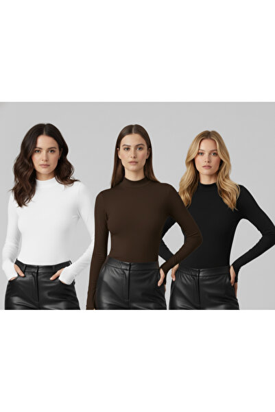 ns nirvana secret Women's Black White Light Brown 3-Piece Finger Detailed Bodysuit