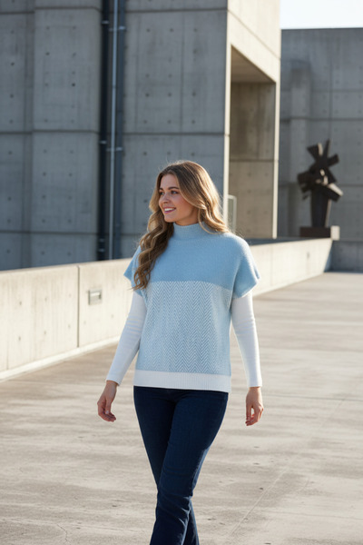 Brevia Blue White Zigzag Pattern Half Fisherman Short Batwing Sleeve Women Knitwear Angora Sweater