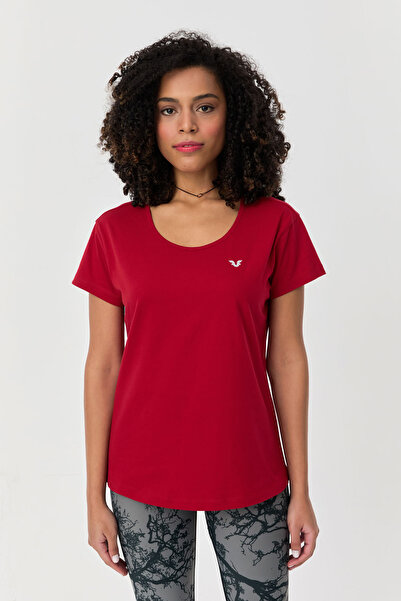bilcee Women's Red Cotton Back Detailed Short Sleeve T-Shirt 9713