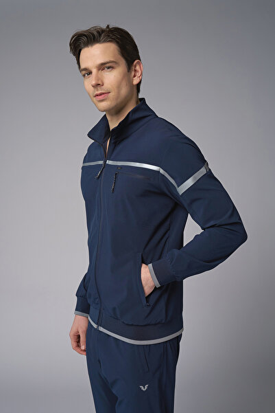 bilcee Men's Navy Blue Stand Collar Lycra Cotton Tracksuit Set 3973