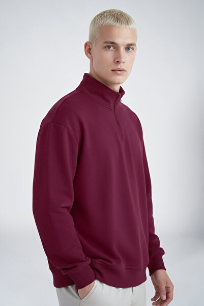 bilcee Peak Men's Burgundy Oversize Zippered Collar Sweatshirt 7021