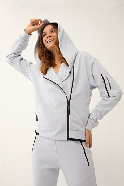 bilcee Women's Zippered Hooded Arm Pocket Light Gray Tracksuit Set 1523