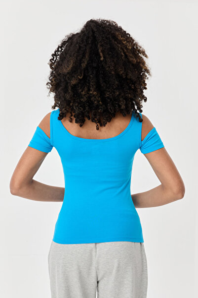 bilcee Γυναικείο μπλουζάκι με λεπτομέρεια ώμου από μπλε βαμβακερό Lycra 9735