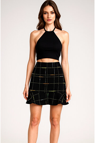 Kahra Collection Fustă mini din tweed cu volane colorate, cu croială strânsă ...