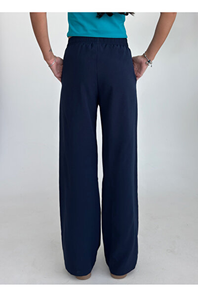 bilcee Women's Navy Blue High Waist Ribbed Loose Fabric Trousers 4591