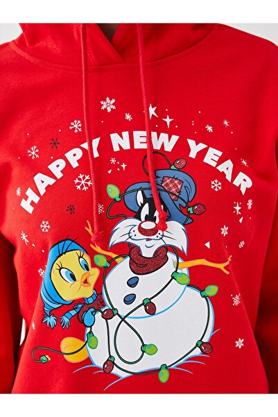 LC Waikiki Hooded Christmas Themed Sylvester and Tweety Printed Women's Sweatshirt