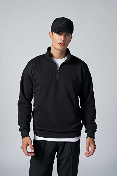 bilcee Ανδρικό μπλουζάκι με φερμουάρ Peak, μαύρο, oversize, με γιακά 7021