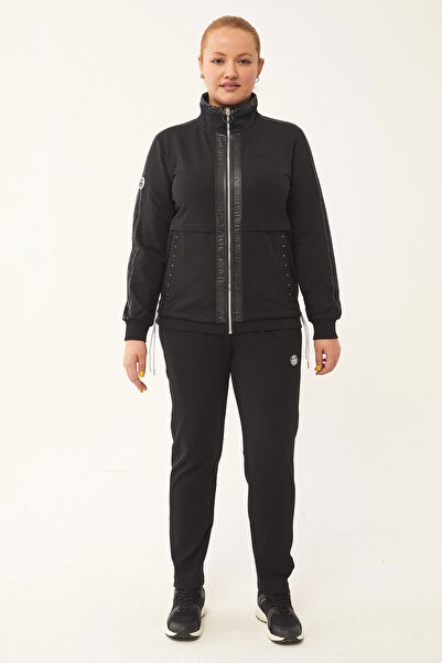 bilcee Γυναικεία Μαύρη Μεγάλη Μέγεθος Ριγέ Υφαντό Λεπτομερές Βαμβακερό Σετ Φούτερ 1582