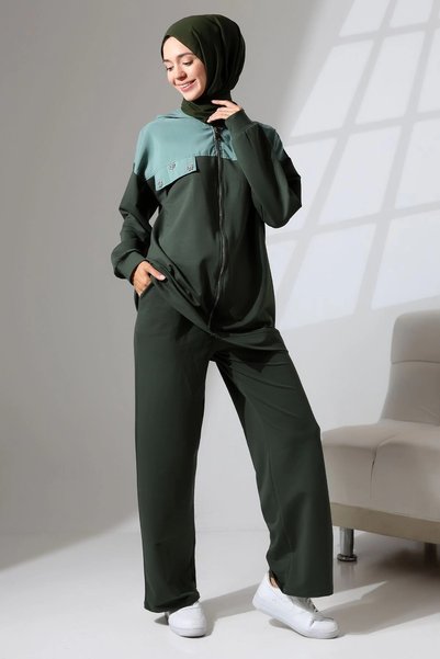 Mihran Butik Women's Khaki Green Seasonal Combed Cotton Bottom Top Sports and Comfortable Double Tunic Pants Stylish Hijab Suit