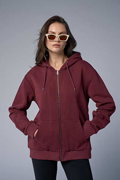 bilcee Peak Unisex Claret Red Oversize Zippered Hooded Sweatshirt 7016