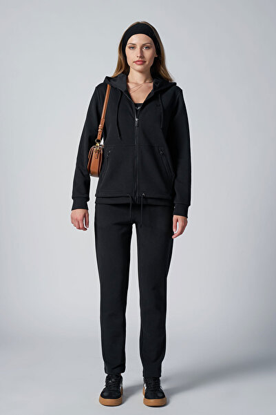 bilcee Γυναικείο μαύρο σετ αθλητικής φόρμας με μαλακή υφή με κουκούλα 4037