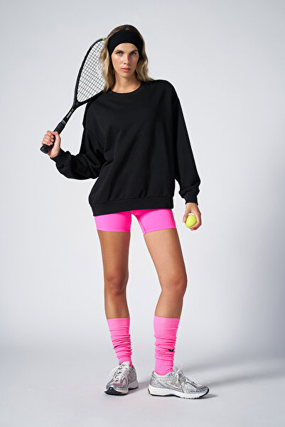 bilcee Peak Women's Black Oversize Crew Neck Basic Sweatshirt 7015