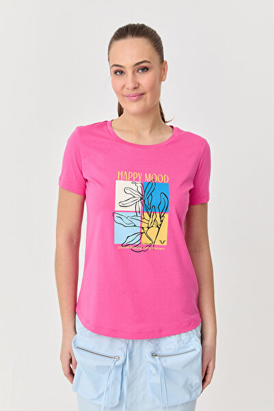 bilcee Γυναικείο μπλουζάκι με λαιμόκοψη από βαμβακερό φούξια 9749