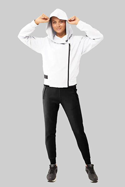 bilcee Women's Zippered Hooded Sleeve Pocket White Tracksuit Set 1523
