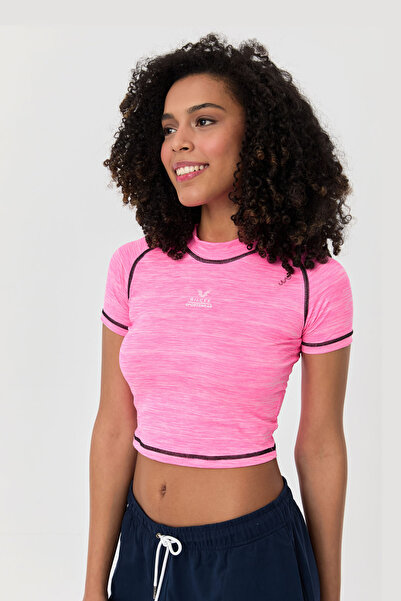 bilcee Γυναικείο μπλουζάκι Neon Pink Melange Line με λεπτομέρεια Athleisure Crop 9715