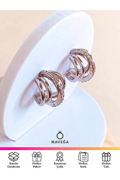 MAVEGA Kadın Çelik Zirkon Taşlı Birleşik Beşli Yarım Halka Küpe