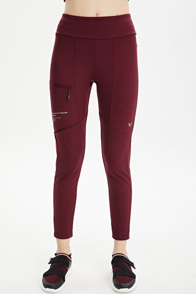 bilcee Women's Claret Red High Waist Lycra Pieced Pocket Plain Running Outdoor Sports Casual Tights Trousers 0674