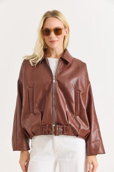 Raneel Kazançlı Alışveriş Women's stylish faux leather zippered brown jacket