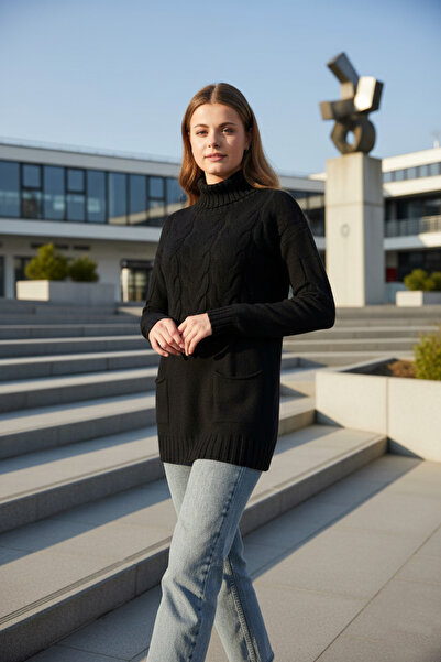 Brevia Black Hair Braid Patterned Turtleneck Long Sleeve Women's Knitwear wit...