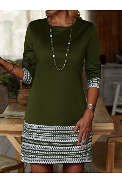 JANES Γυναικείο μακρυμάνικο φόρεμα με λαιμόκοψη και στρίφωμα με στάμπα με δύο κλωστές