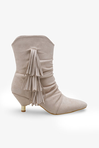 İNNABUTİKK Revaya Kadın Süet Püsküllü Bot Bej Süet