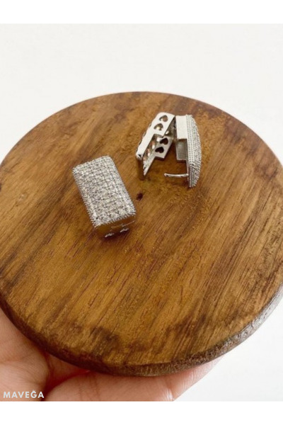 MAVEGA Kararmaz Çelik Zirkon Taşlı Yüksek Kalite Dikdörtgen Model Kadın Küpe | Gümüş Renk, 1.7x1.0 Cm