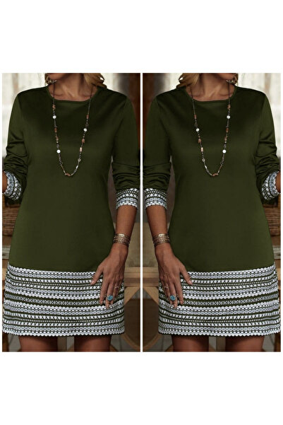 JANES Γυναικείο μακρυμάνικο φόρεμα με λαιμόκοψη και στρίφωμα με στάμπα με δύο κλωστές