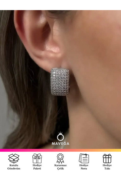 MAVEGA Kararmaz Çelik Zirkon Taşlı Yüksek Kalite Dikdörtgen Model Kadın Küpe | Gümüş Renk, 1.7x1.0 Cm