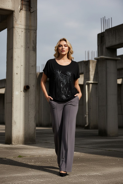 MODA Black Palm Print Women's Lycra Women's Combed Blouse with Stone Embroidery