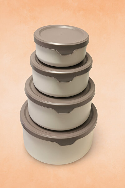 İ&A HOME مجموعة من 4 حاويات تخزين مستديرة مخططة باللون البيج |   2.5 لتر 1.5 ...