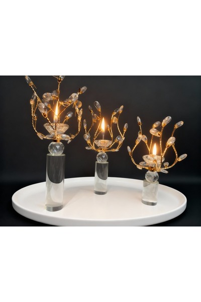 Elta Collection Kristal Taşlı Gold Şamdan 3’lü Set