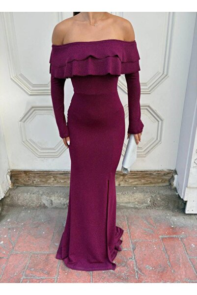 Modafeminen Fkuro Simli Esnek Kumaş Ön Çift Volan Abiye Elbise AÇIK MOR 583112