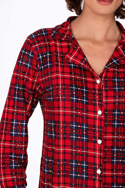 Kompedan Kadın Süet Önden Düğmeli Pijama Takımı | Ekose Kırmızı - Lacivert