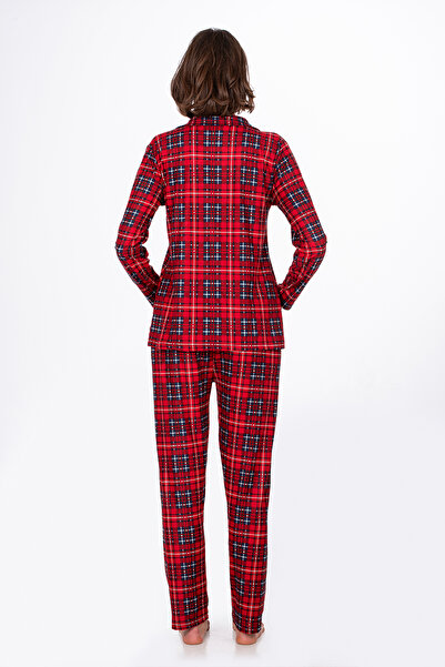 Kompedan Kadın Süet Önden Düğmeli Pijama Takımı | Ekose Kırmızı - Lacivert